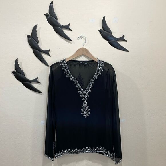 Saks Fifth Avenue 100% Silk Sheer Black Tunic Blouse With Beaded Trim - M - Picture 10 of 10
